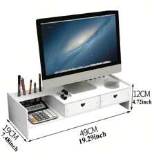 符合人体工程学设计的显示器支架带储物抽屉 - 白色 PVC 桌面支架，适用于办公用品、电脑和文具整理，心形镂空设计，电缆管理槽，桌面显示器支架