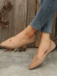 35-45 秋季新款尖头平底帆布一脚蹬平底鞋，时尚低帮休闲鞋，卡其色，轻便舒适女士平底鞋