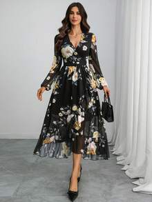 Women's Gothic Romantic Black Floral Chiffon Maxi Dress – V-Neck, Lantern Sleeves, High Waist, Ruffle Hem Elegance