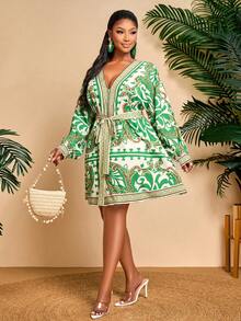 BIUBIU Women's Plus Size White Green Floral Deep V-Neck Long Sleeve Belted Waist Midi Dress Casual Vacation Retro Fashion Dress - Green - View 3