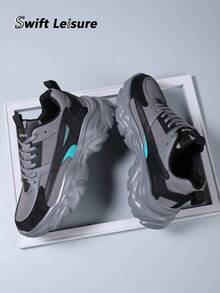 男式灰色皮革网眼面板系带休闲厚底运动鞋，多功能百搭日常和户外运动鞋