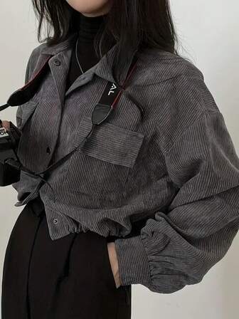 韩版复古短领长袖衬衫，宽松女式外套