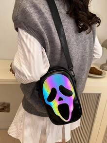 万圣节鬼脸印花女士手机钱包激光女士单肩包斜挎包女士包骷髅脸购物袋适合购物和拍照，万圣节礼物迷你方包，万圣节钱包，非常适合化装派对万圣节时尚和哥特式时尚，最适合女性的万圣节礼物 - 彩色 - 查看 5