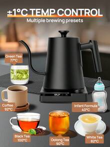 Brutelle 电鹅颈壶咖啡壶恒温电水壶热水锅炉倒茶壶1200瓦快速加热电茶壶自动关机一键保温不锈钢材质1000ML黑色 - 英規插(220-240V) - 查看 4