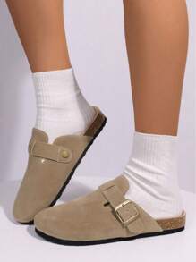 Fall/Winter Boken Women's Spring 2025 New Large-Size Closed Toe Solid Color Fashionable And Versatile Decorative Buckle Slouchy Style Sloping Heel Thick Sole Shoes,Flats,Mule