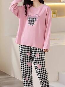AICJ 两件套女士休闲格纹蝴蝶结爱心印花长袖上衣和长裤家居服套装，适合春、夏、秋、冬穿着，舒适保暖。 - 粉色 - 查看 5