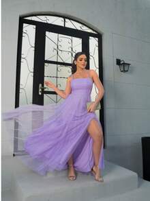 Sparkly Party Dress With Square Neckline, Elegant Debutante Prom Wedding - 紫丁香 - 查看 3