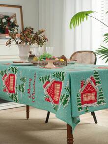 1 pièce Nappe de table de Noël avec imprimé de maison rouge et flocons de neige, convient pour la décoration de fête familiale de vacances de Noël, couverture de table de cuisine et de salle à manger, décoration de meuble TV