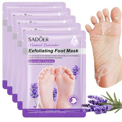 5 件 | 1 件去角质足膜，适用于干裂足部 - 婴儿柔软足膜袜，用于去除死皮、足跟龟裂和老茧 - 薰衣草、乳木果油、芦荟 - 男女通用
