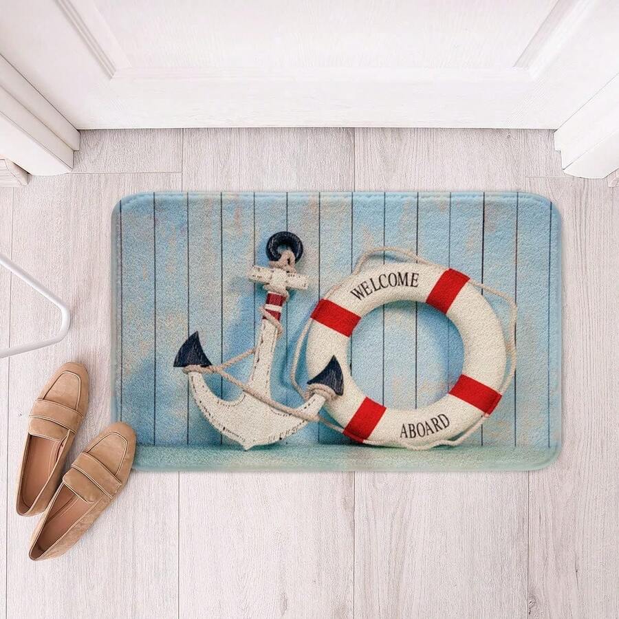 海岸海洋浴室地毯海滩主题浴室垫，海洋动物印花淋浴地毯，海星螃蟹拖鞋浴室地毯房间和家居装饰防滑橡胶背衬地毯适用于淋浴浴缸卧室 - 24 英寸 X 16 英寸，30 英寸 X 18 英寸入口装饰 - 多 04 - 查看 1