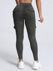 Women's Camouflage Pattern Outdoor Cargo Leggings, Pockets & Butt Lifting Outdoor Skinny Pants, Sports Workout Tight Pants Spring - Dark Grey - View 4