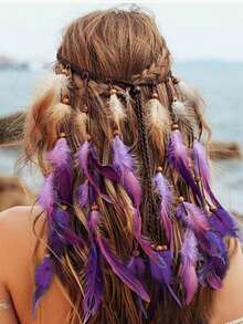 Tiara de Penas Boêmia, Cocar Hippie, Tiara de Fantasia Roxa, Acessórios de Cabelo com Penas para Mulheres, Halloween, Roupas de Praia, Acessórios de Verão - Multicolorido - Visão 11