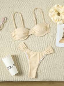 New Euro-American Style Solid Color Vacation Bikini Set Beach Summer - Apricot - View 1