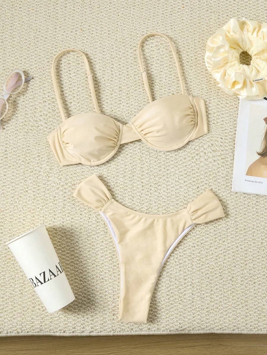 New Euro-American Style Solid Color Vacation Bikini Set Beach Summer - Apricot - View 1