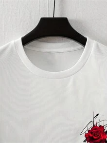 Front Striking Red Rose Pattern Printed Round Neck Short Sleeve T-Shirt Top Comfort Breathable Fabric Leisure Sports Style Men 100% Cotton Street Wear T-Shirt (Choose A Larger Size To Get A Loose Effect)