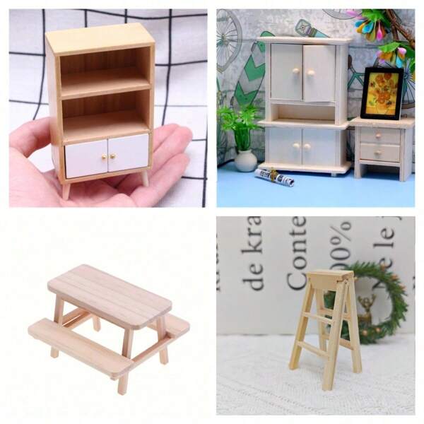 1pc, 1:12 Miniature Wooden Bookcase/Closet/Desk/Folding Ladder Model Decoration, Solid Wood Furniture Model For Mini Scenes, Scene Matching Decorative Accessories, Wooden Craftwork Best Gifts Birthday