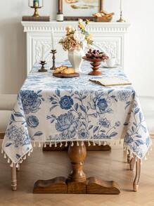 1 件蓝色花卉流苏桌布，复古风格，带流苏，涤纶纤维材质，可水洗，适用于床头柜、餐桌、咖啡桌、沙发套、农舍家居、家庭用餐、厨房、晚餐、派对、感恩节、秋季装饰、四季装饰 - 藍色 - 查看 26