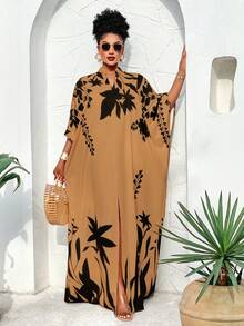 BIUBIU This Plus Size Women's Spring/Summer Off-Shoulder Loose Front Slit Maxi Dress With Sunshine/Plant Element Print Is An Important Fashion Item For Spring Vacation. - Black Flower - View 1