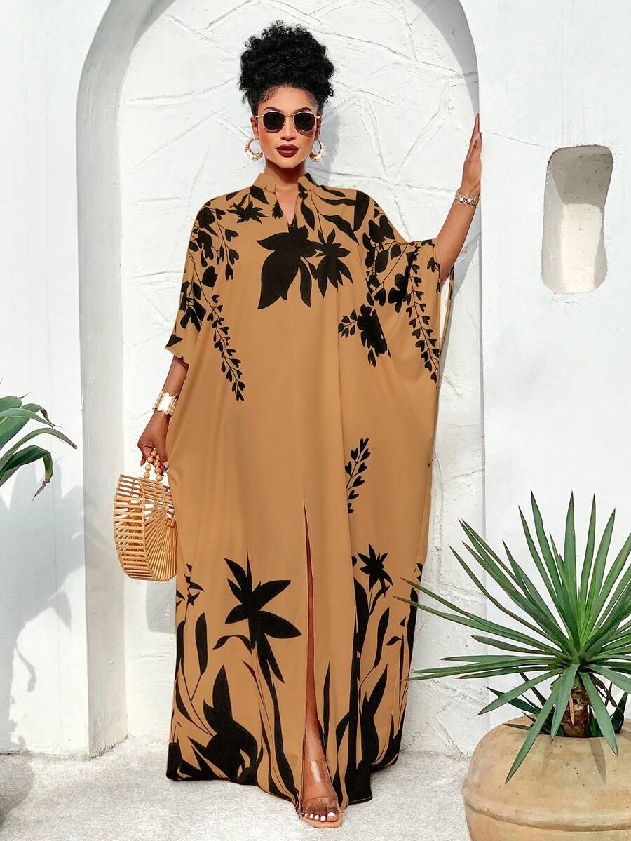 BIUBIU This Plus Size Women's Spring/Summer Off-Shoulder Loose Front Slit Maxi Dress With Sunshine/Plant Element Print Is An Important Fashion Item For Spring Vacation. - Black Flower - View 1
