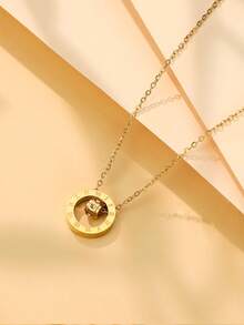 1 件奢华锆石吊坠项链经典双圈不锈钢罗马数字圆形项链女士优雅珠宝 - 金色 - 查看 3