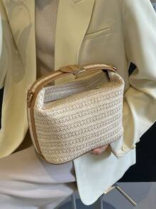 Mini Simple Handbag With Lock Detail, Woven Grass Braided Tote Bag, Versatile Contrast Color Small Handbag For Women, Shoulder Messenger Bag For Beach Or Daily Use