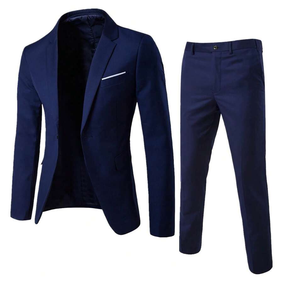 Men's Business Suit Set Professional Formal Wear Two-Piece Slim-Fit Suit Korean Style Best Man & Groom Wedding Attire - 藏青色 - 查看 1