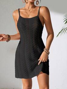 女士夏季波西米亚渐变镂空性感透视罩衫吊带迷你连衣裙 - 黑色 - 查看 4