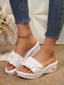 Women's Fashion Casual Wedge Slide Sandals, Comfortable Outdoor Pleated Solid Color Minimalist Elegant Summer Beach Shoes