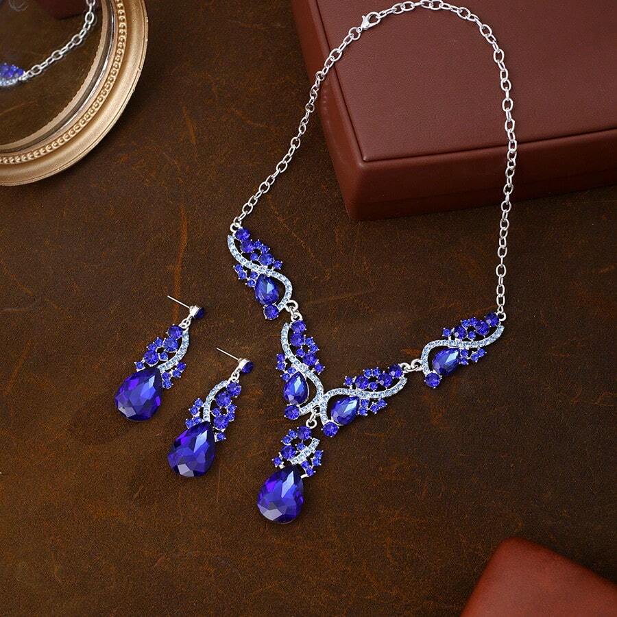 新品热销水钻耳环和项链套装，婚礼新娘珠宝配饰