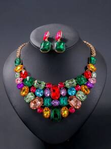 juran 1 Set Random Mixed Color Shiny Glass Choker Necklace & Earrings Jewelry Set, Women Wedding Statement Necklace & Earrings