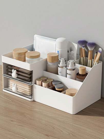 1 件白兔设计桌面收纳盒，多层化妆品收纳盒，办公用品和文具架，学生宿舍笔筒，抽屉式，办公桌收纳盒