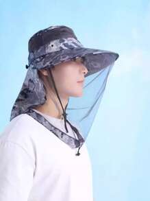 1 Peça Chapéu Balde Camuflado Masculino com Máscara Facial de Tela - Proteção UV e Repelente de Mosquitos para Pesca, Caminhada, Camping