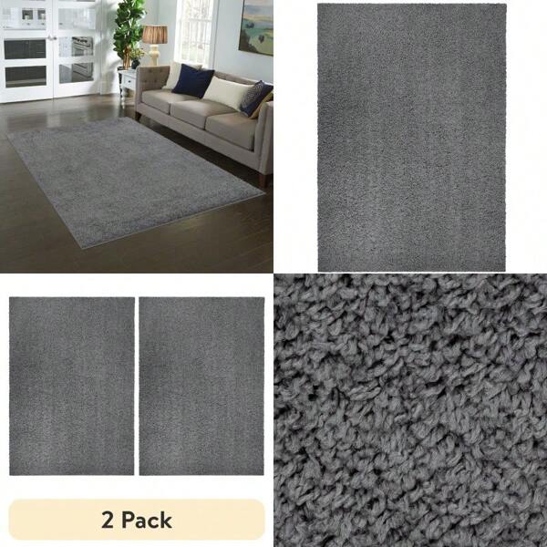 2 Pack Traditional Solid Gray Shag Indoor Area Rug 3' X 4'8"