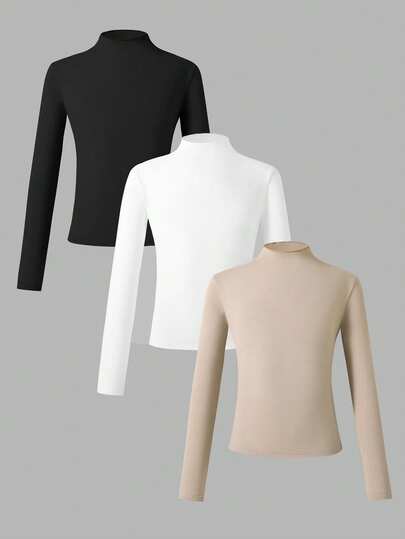 3pcs Girls Simple & Comfortable Autumn Tops, Teenage Girls Solid Color Ruffle Collar Long Sleeve Blouse, Outdoor Versatile Chic & Energetic Children Clothing, Fashionable Warm Outfit For Teenage Girls