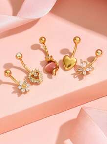 5pcs Stainless Steel Bent Rod Belly Button Rings Set With Sparkly Rhinestone Butterfly Heart Sun Fox Flower Combination Shape Women Belly Chain Pendant Piercing Jewelry Foraily Wear Valentines, Fashion Cubic Zirconia Decor, Belly Button Piercing