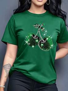 Playera básica mujer dama cuello redondo manga corta estampado GRAFICO DE FRUTAS CEREZA CEREZAS CHERRY CHERRIES BRILLANTE GRAPHIC Textura Suave Fortiz - Verde - Ver 1