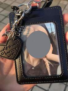 1 PC Kpop Style Photo Card Holder - Black Faux Leather Rectangular Frame With Heart Cutout & Metal Keychain, Cute Accessory For Kpop Fans To Display Photos, ID Badges, Memorabilia