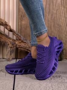 女士时尚防滑透气休闲运动鞋、跑步鞋、户外步行鞋、系带百搭运动休闲鞋 - 紫色 - 查看 3