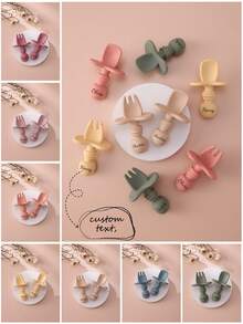 2PCS Personalized Customization Name Baby Silicone Spoon Fork Solid Color Kids Utensils Feeding Training Stuff Soft Print On Demand Baby Tableware - Multicolor - View 1