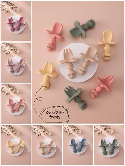 قطعتان أدوات طعام أطفال من السيليكون مطبوع عليها الاسم، ملعقة وشوكة بألوان صلبة، أدوات تغذية وتدريب للأطفال، طباعة حسب الطلب على أدوات المائدة للأطفال