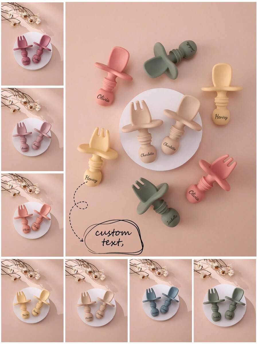 2PCS Personalized Customization Name Baby Silicone Spoon Fork Solid Color Kids Utensils Feeding Training Stuff Soft Print On Demand Baby Tableware - Multicolor - View 1