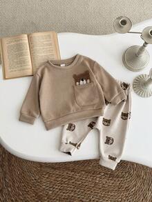 2 件套婴幼儿男女休闲熊刺绣长袖运动衫和熊印花长裤套装，春秋 - 杏色 - 查看 4