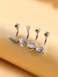4 件装水钻软粘土弧形杠铃肚脐环，简约不锈钢肚脐穿刺饰品，适合女士 - 銀色橫桿 - 查看 14
