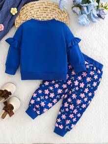 Baby Mädchen Set aus blau gerüschtem Langarmoberteil und komplett rosa floral bedruckter Hose, 2-Teilig, Herbst/Winter - Blau - Übersicht 2