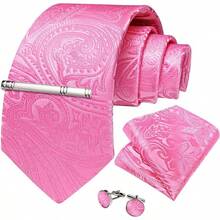 Conjunto de corbata de seda con estampado floral, incluye pinza de corbata, pañuelo y gemelos - Rosa - Ver 5