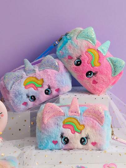 1 PC Back To School Cartoon Unicorn Big Eyes Plush Cosmetic Bag Girl Cute Hand-Held Travel Toiletry Bag Student Stationery Pencil Bag