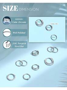 9 Pcs Hypoallergenic Septum Rings 16G Surgical Steel CZ Opal Clicker Hinged Nose Rings Hoop For Women Men Lip Conch Tragus Helix Daith Cartilage Earrings 8mm 10mm - Silver - View 9