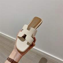Plus Size Women's Fashion Flat Sandals, Solid Color Bohemian Style One-Strap Open Toe Retro Slippers