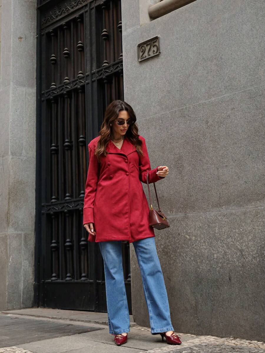 SOBRETUDO FEMININO EM SUEDE  Casual  elegante  Festa    Camurça    Bolso - bordô - Visão 1
