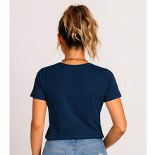 Women's Basic Viscolycra Blouse Round Neck Baby Look Short Sleeve - Navy Blue - View 4